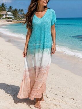 V-Neck Ombre Beach Maxi Cover-Up in Turquoise and Peach